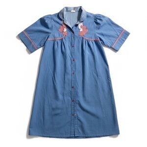 Vintage Chambray Button Down Housedress with Gingham Embroidery